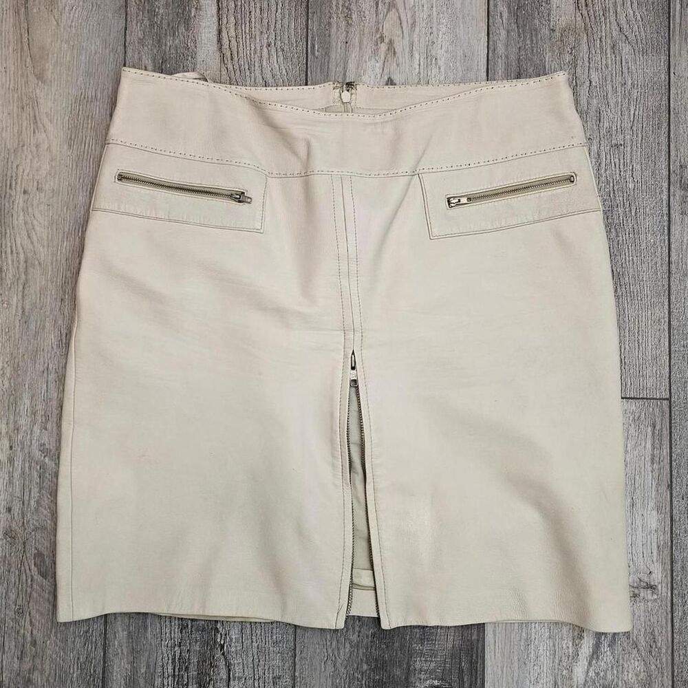 cache 100% genuine leather cream front zip vintage 90s skirt